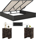 LUXOAK 3 Pieces Bedroom Sets, Includes King Size Lift Up Storage Platform Bed Frame, 2 Drawers Farmhouse Nightstand Set of 2 with Charging Station, No Box Spring Needed, Black