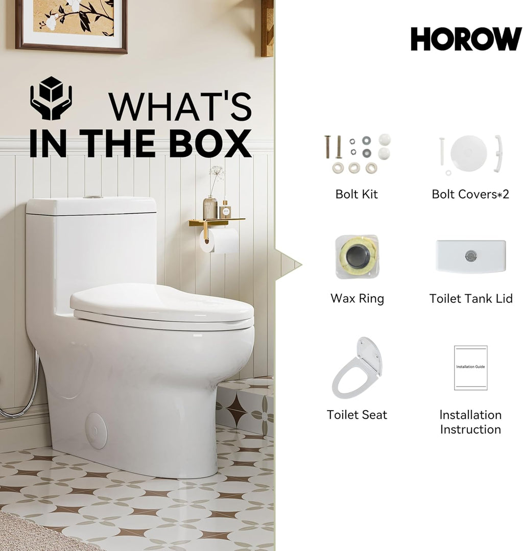HOROW Compact One Piece Toilet, Dual Flush Elongated Toilet with Soft Close Seat, High-Efficiency Supply, Standard Bathroom Toilet 10' Rough-In, White Finish