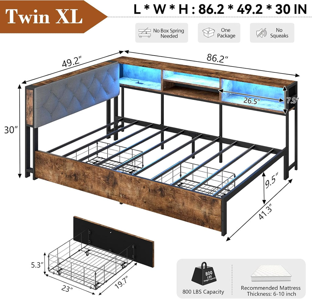 Doltoro Corner Bed Frame with Storage Bookcase and LED Lights Twin XL Platform Bed Frame with Upholstered Headboard and Charging Station, Twin XL Daybed with 2 Storage Drawers, Rustic Brown & Gray