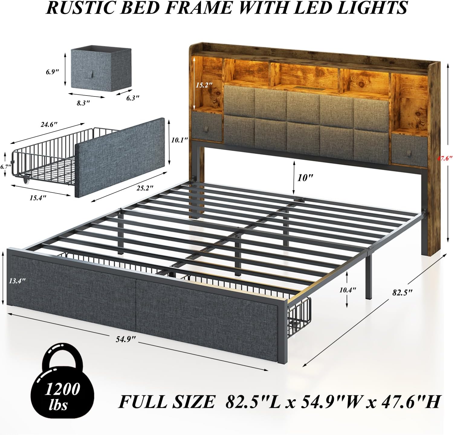 TIGUBFRE LED Bed Frame Full Size with Bookshelf Headboard, 2 Hidden Storage Drawers, Upholstered Platform Metal Bed Frame with Charging Station, Metal Slats Support, Noise Free, No Box Spring Needed