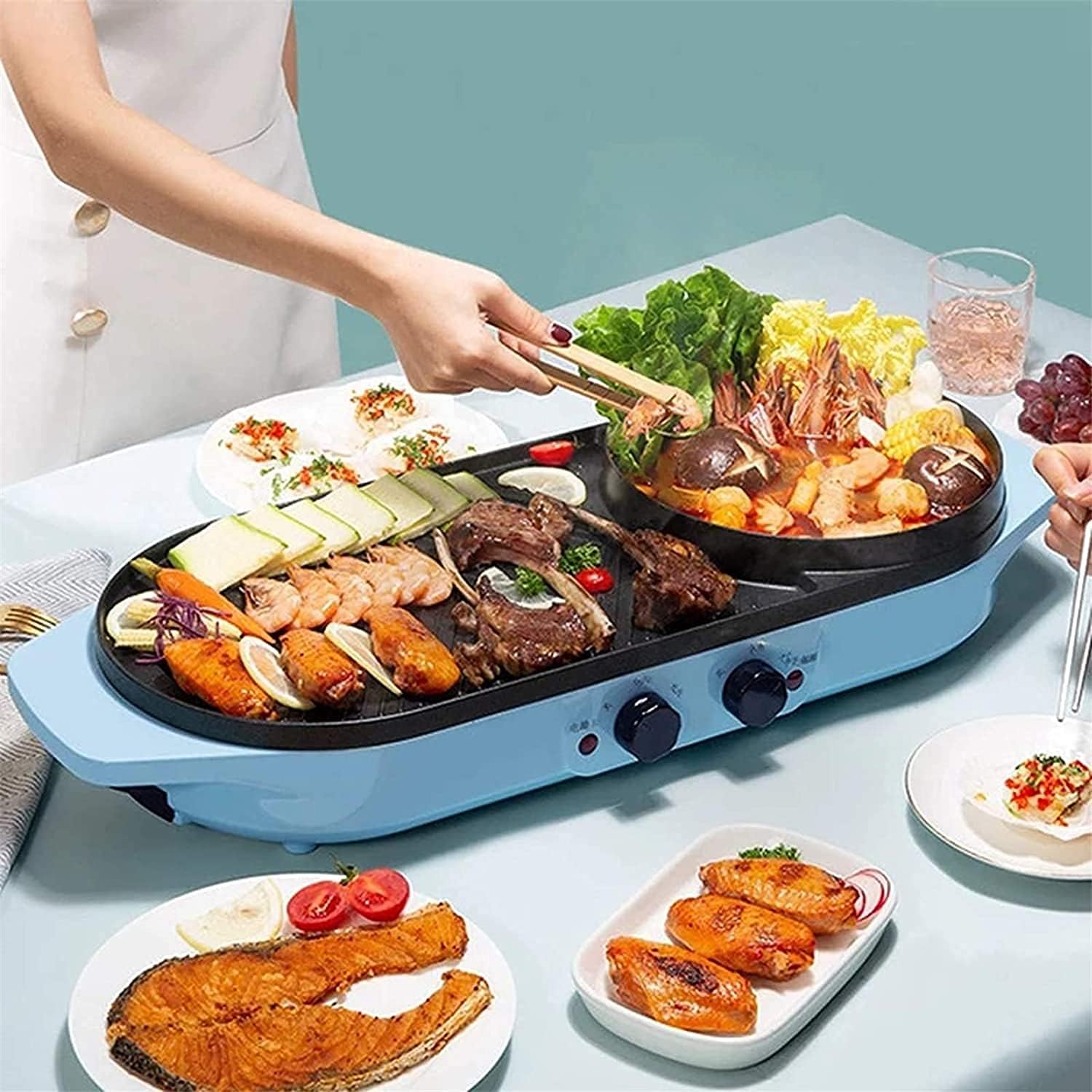 2 in 1 2000W Electric Hot Pot Oven Smokeless Barbecue Machine Home BBQ Grills Indoor Roast Meat Dish Plate Multi Cooker,Household Nonstick Electric Griddle