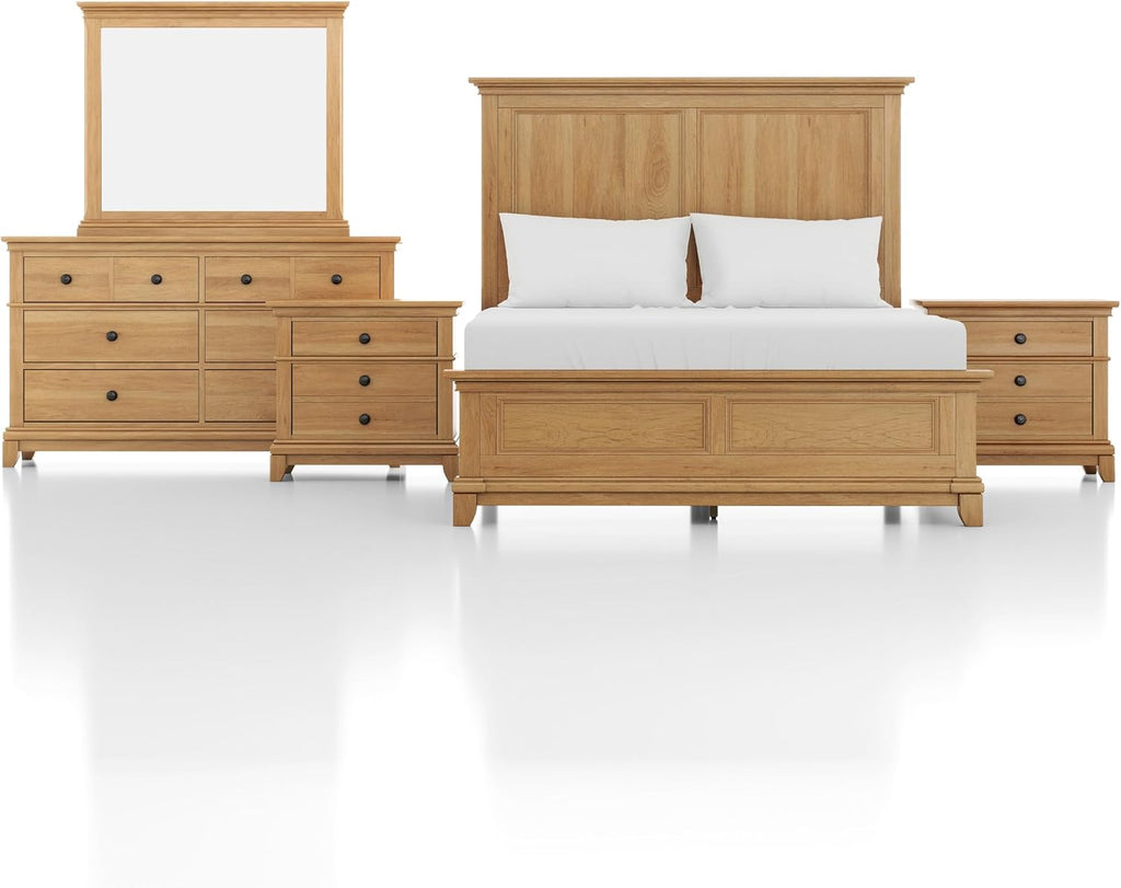 Furniture of America Yardley Farmhouse Solid Wood 5-Piece Bedroom Set with Platform Bed, Felt-Lined Top Drawers on Nightstands and Dresser with Mirror, Box Spring Needed, King, Natural Oak