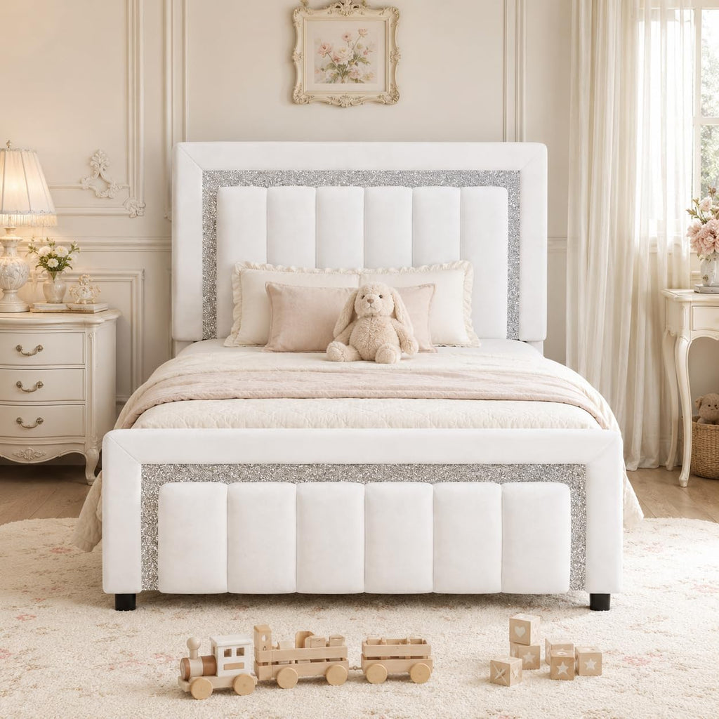 HOMBCK Twin Size Bed Frames with Headboard and Footboard, Upholstered Platform Bed with Diamond Design, Bed Frames Twin with Wooden Slats Support, No Box Spring Needed, Easy Assembly, White