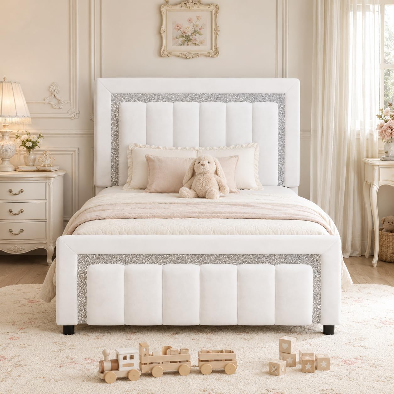 HOMBCK Twin Size Bed Frames with Headboard and Footboard, Upholstered Platform Bed with Diamond Design, Bed Frames Twin with Wooden Slats Support, No Box Spring Needed, Easy Assembly, White