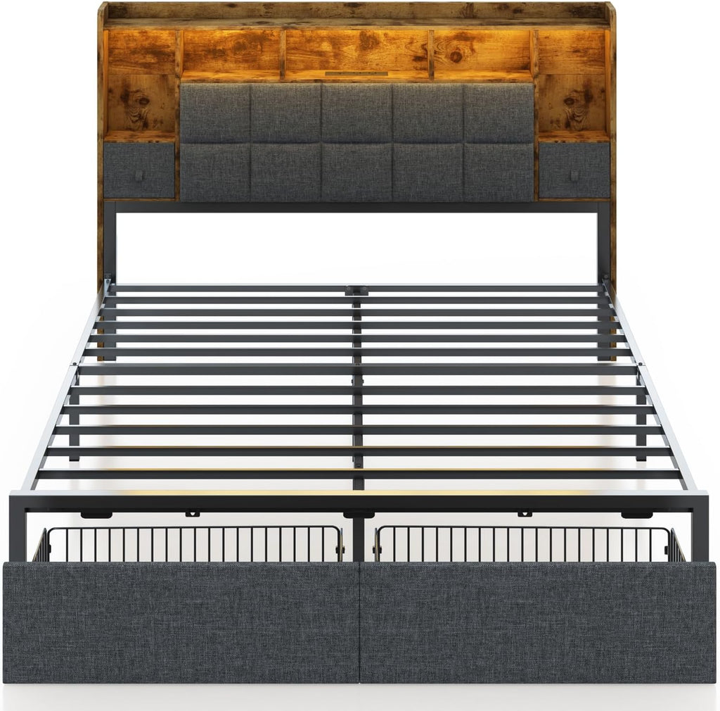 TIGUBFRE LED Bed Frame Queen Size with 2 Hidden Storage Drawers, Bookshelf Headboard, Upholstered Platform Metal Bed Frame with Charging Station, Metal Slats Support, Noise Free, No Box Spring Needed
