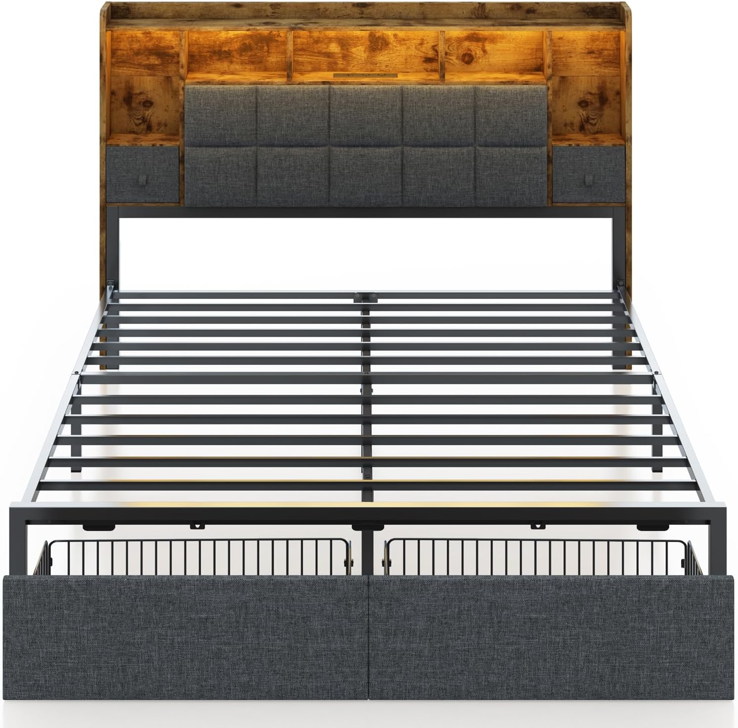 TIGUBFRE LED Bed Frame Queen Size with 2 Hidden Storage Drawers, Bookshelf Headboard, Upholstered Platform Metal Bed Frame with Charging Station, Metal Slats Support, Noise Free, No Box Spring Needed