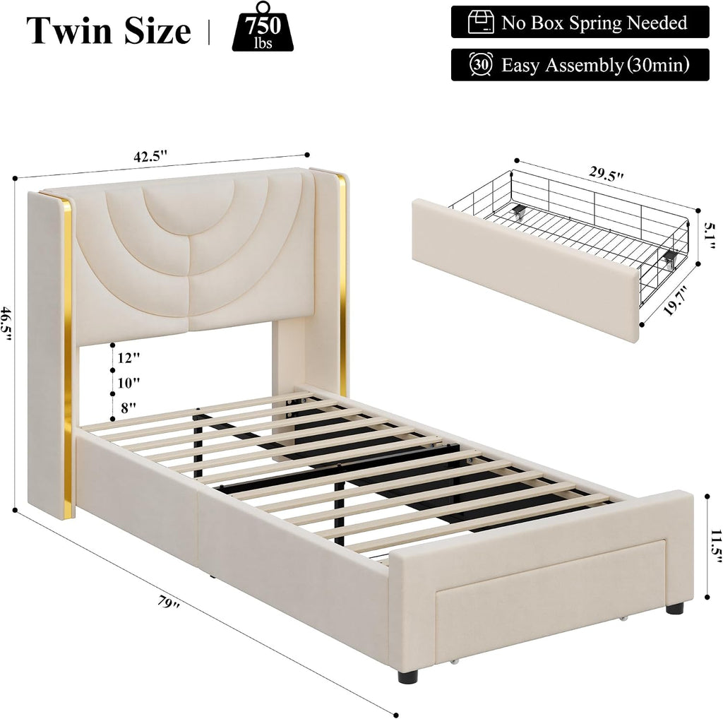 HITHOS 2 Set Twin Upholstered LED Bed Frame with Storage Drawer, Velvet Kids Bed with Headboard, Princess Twin Platform Bed for Girls/Kids, Solid Wood Slats Support, No Box Spring Needed (Beige)