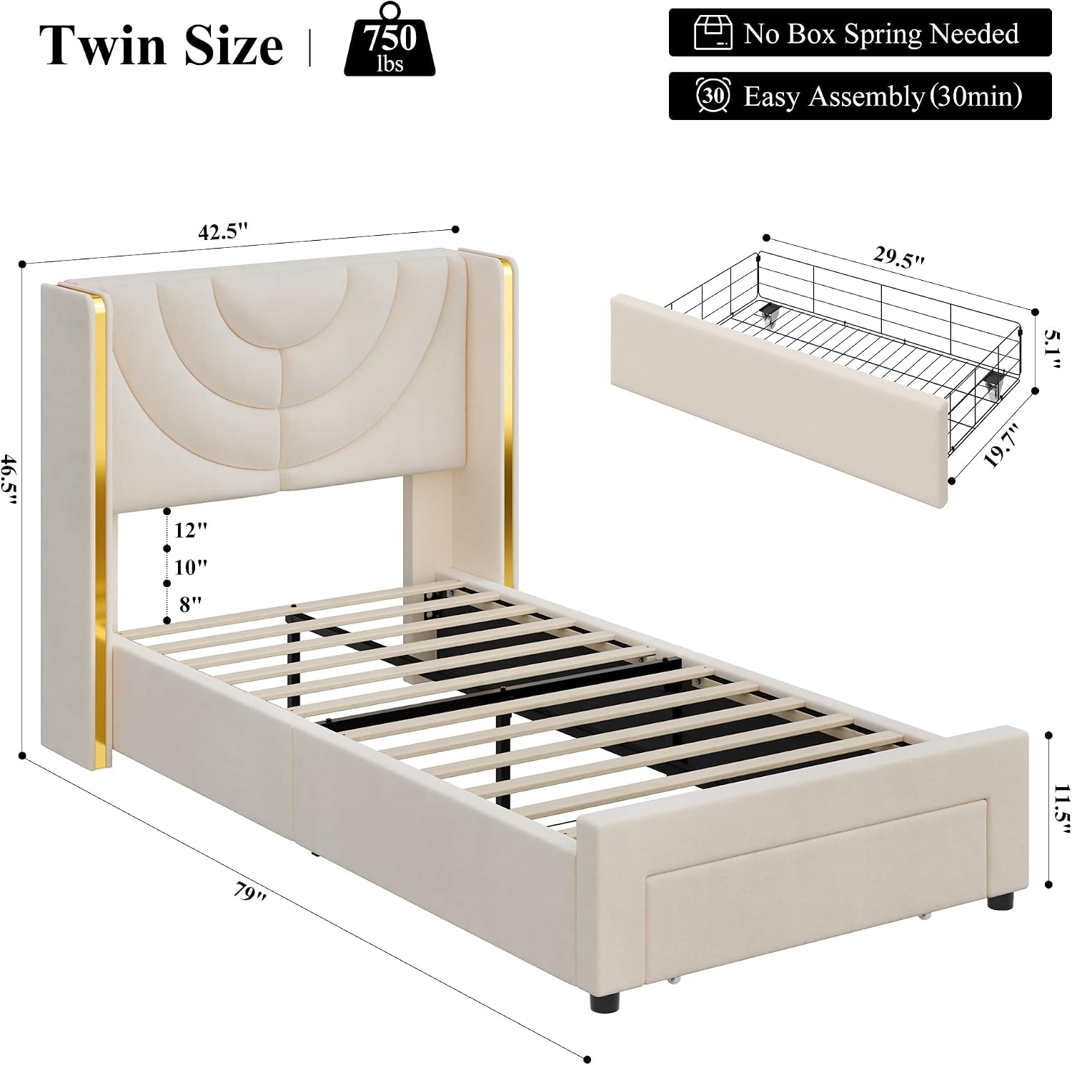 HITHOS 2 Set Twin Upholstered LED Bed Frame with Storage Drawer, Velvet Kids Bed with Headboard, Princess Twin Platform Bed for Girls/Kids, Solid Wood Slats Support, No Box Spring Needed (Beige)