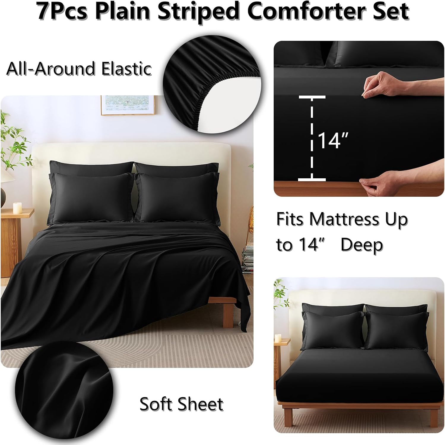 CozyLux Super King Plus Comforter Set Black - 7 Pieces Bed in a Bag, Modern Vertical Quilted Room Decor, Soft All-Season Bedding Gift with Comforter, Sheets, Pillowcases & Shams