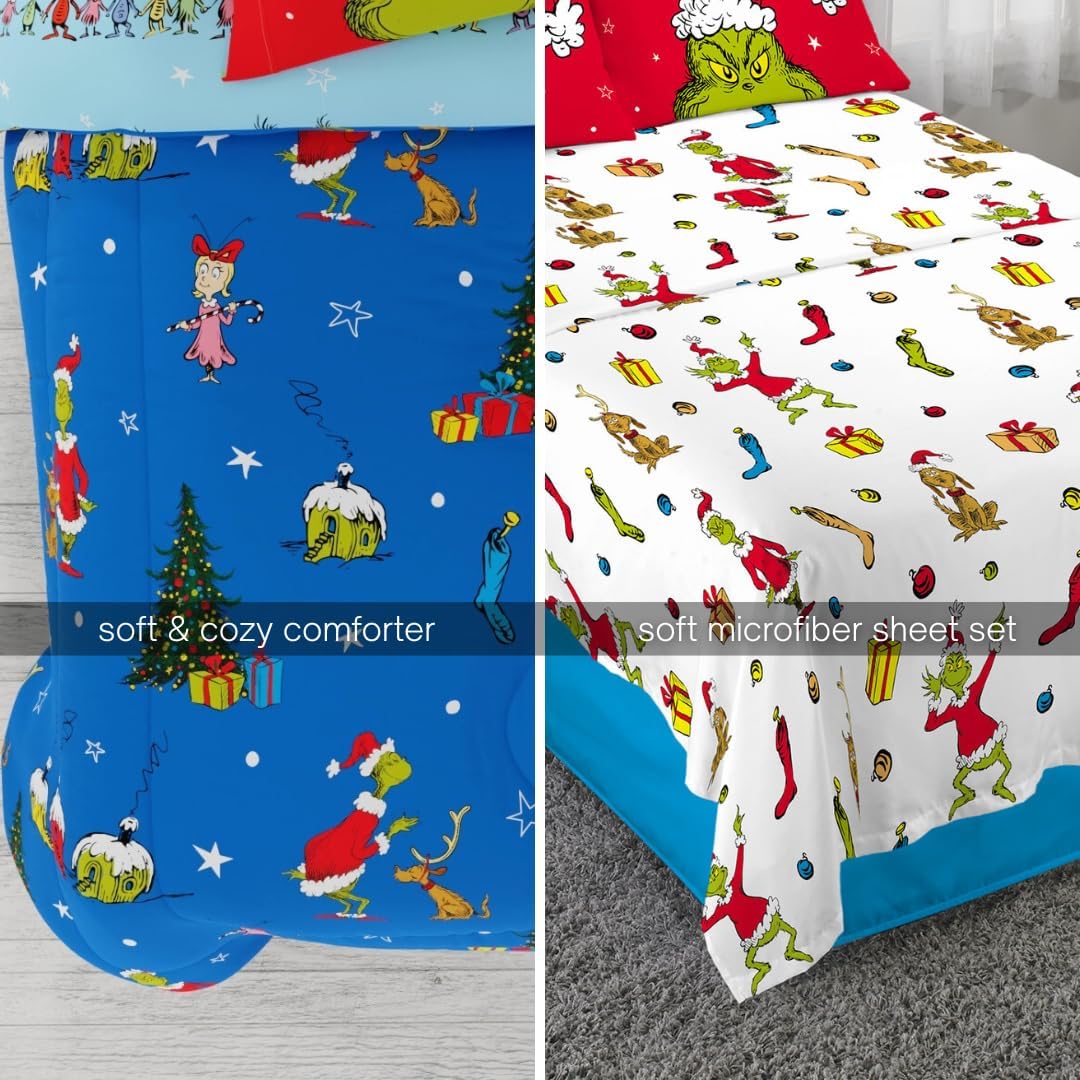 Grinch by Dr. Seuss Holiday & Christmas Bedding Super Soft Comforter and Sheet Set with Sham, 7 Piece King Size (Official Dr. Seuss Product) By Franco