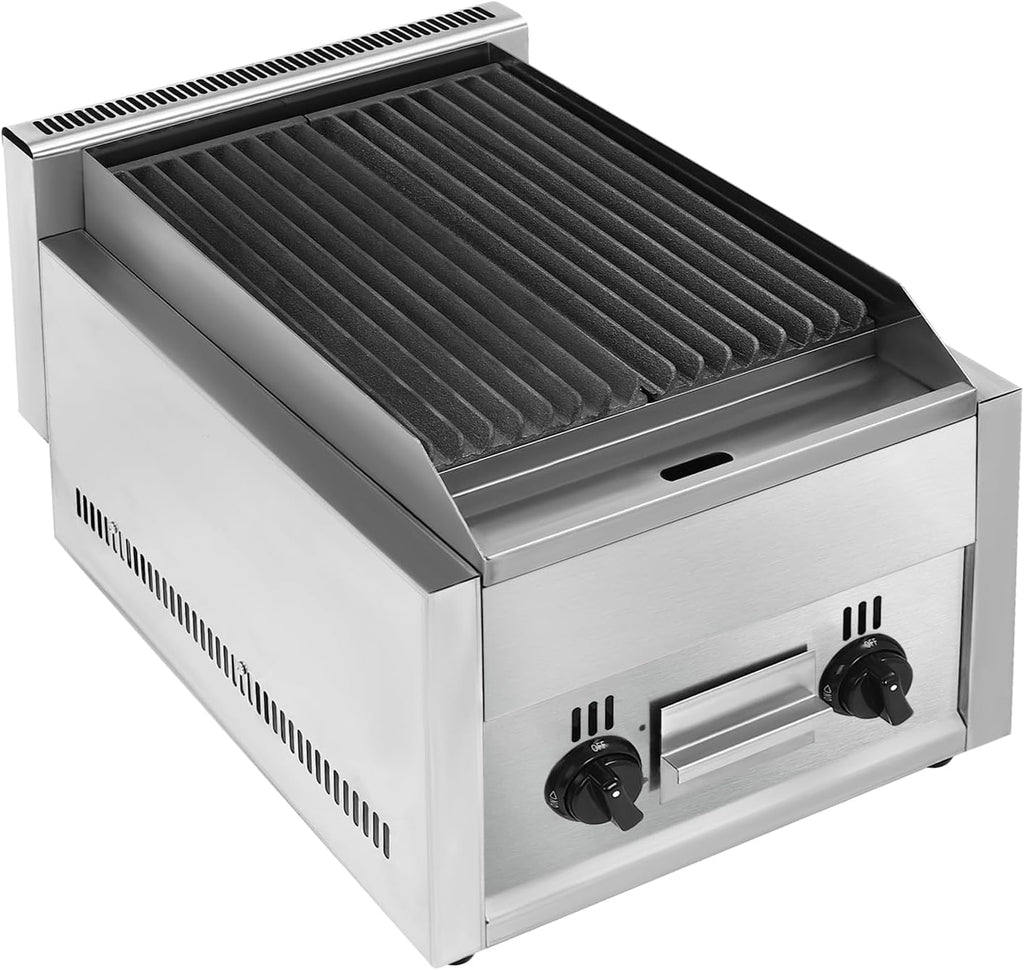 Commercial Gas Grill, Professional Gas Broiler Grill with Dual I Type Burners Cast Iron Grill Independent Knob and Switches Removable Grill Pans Stainless Steel Gas Grill for Western Restaurants Etc