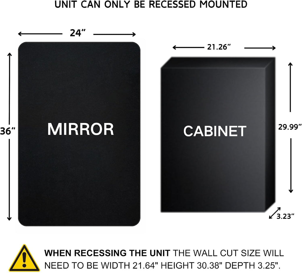 TEHOME Farmhouse Matt Black Recessed Bathroom Medicine Cabinet with Mirror Rounded Rectangle Metal Framed Medicine Cabinet with Beveled Mirror 24x36''