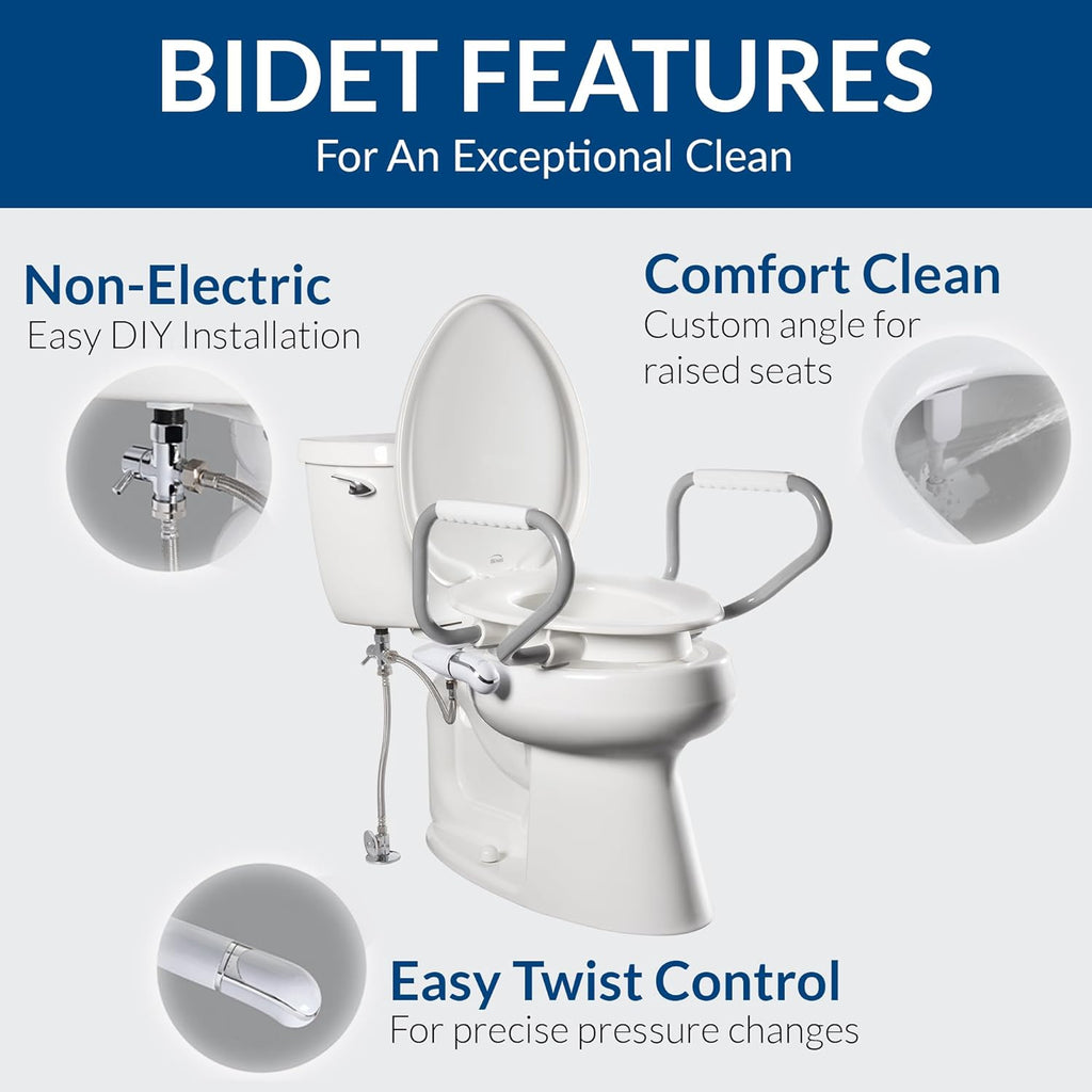 Bemis Assurance 3' Raised Toilet Seat with Handles and Bidet Attachment, Therapist Preferred for Safety, Secure Hinges, Clean Shield Guard, Round, White