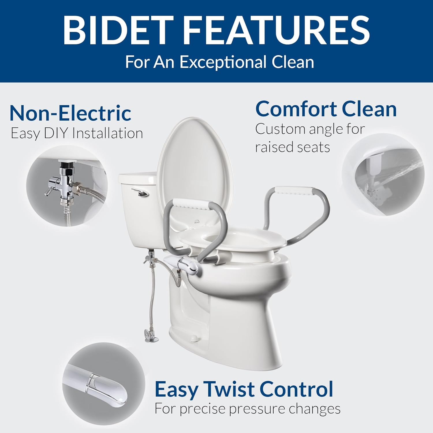 Bemis Assurance 3' Raised Toilet Seat with Handles and Bidet Attachment, Therapist Preferred for Safety, Secure Hinges, Clean Shield Guard, Round, White