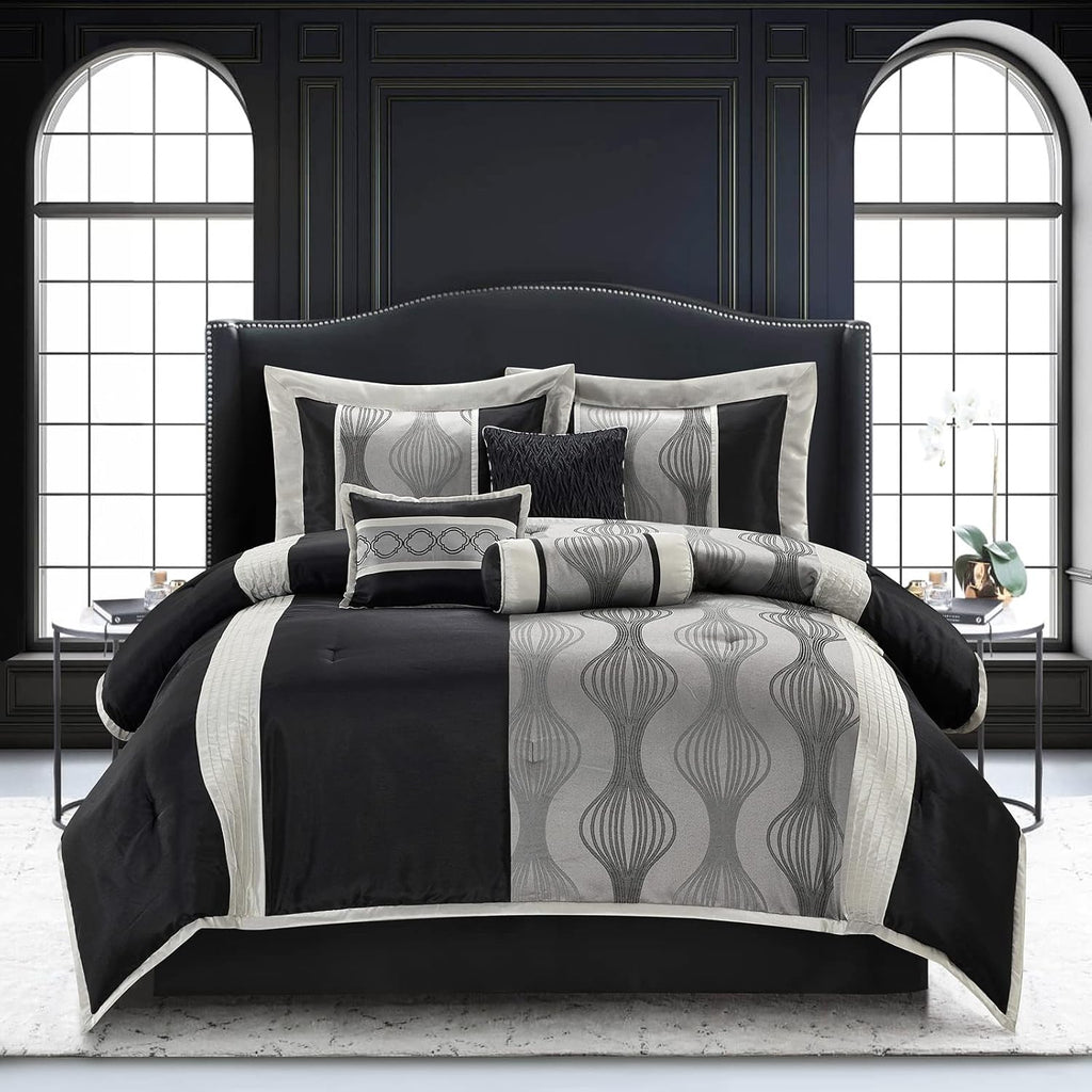 Grand Avenue Black and Silver Comforter Set King Size, 7 Pieces Bedding & Collection, Jacquard All Season Comforter & Pillows, Ultra-Soft Microfiber