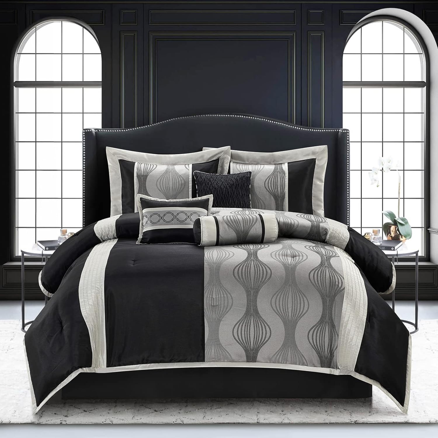 Grand Avenue Black and Silver Comforter Set King Size, 7 Pieces Bedding & Collection, Jacquard All Season Comforter & Pillows, Ultra-Soft Microfiber
