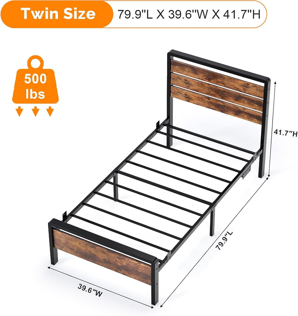 VINGLI Twin Bed Frame Set of 2 with LED Headboard & Footboard, USB Charging Station, Metal Single Platform with 12-Inch Under Bed Storage Space for Dorm Bedroom Kids Teen Guest Room, Industrial Brown