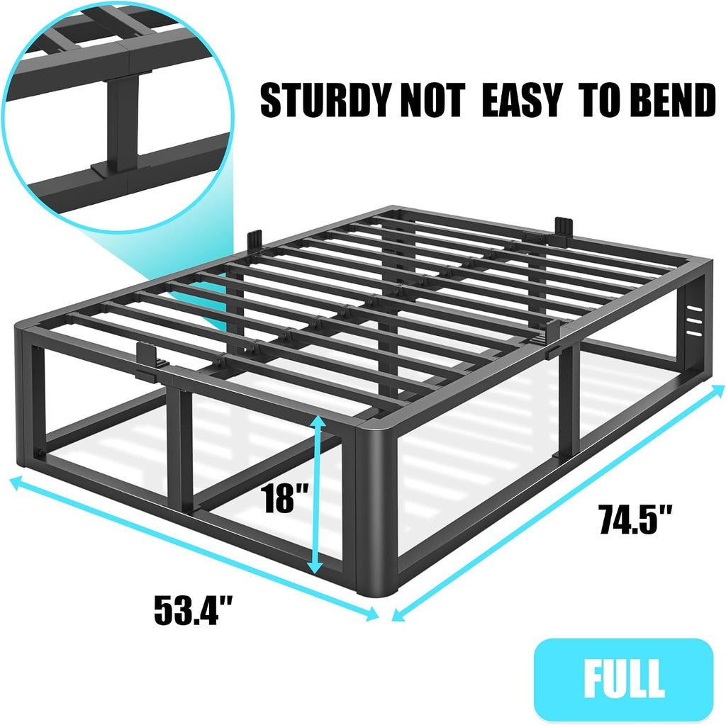 Firpeesy Metal Heavy Duty 18 inch Full Bed Frame with Rounded Corner and Headboard Hole Mattress Retainers 3500 LBS No Box Spring Needed Platform Noise Free Easy Assembly