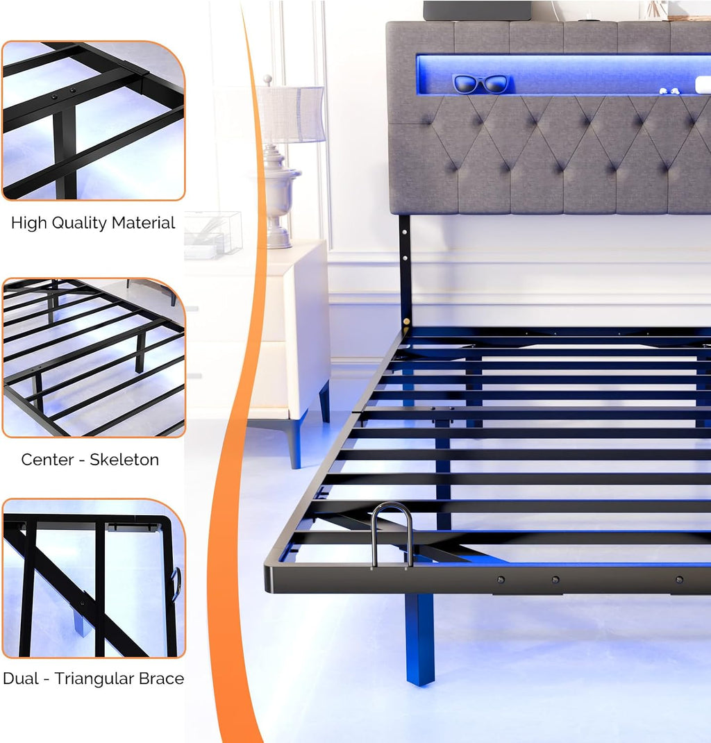VINGLI Twin Floating Bed Frame with Headboard Heavy Duty Metal Frame, Storage Shelf, LED Lights Charging Station, Modern Platform Bed, Adjustable Headboard, No Box Spring Needed, Grey