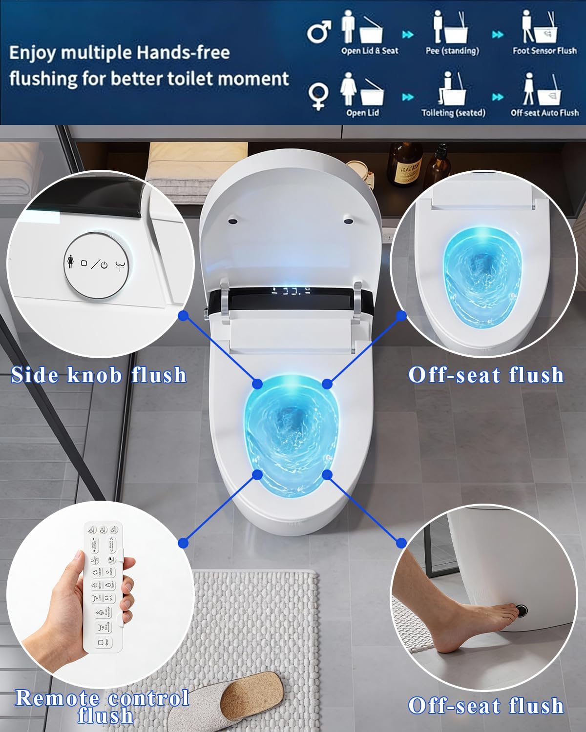 TOTTE Luxury Smart Toilet with Bidet, Hands-Free with Auto Open/Close Lid & Self-Cleaning Bowl | Adaptive Warm Water Wash & Heated Seat, Built-in Aroma, One-Piece Elongated Design