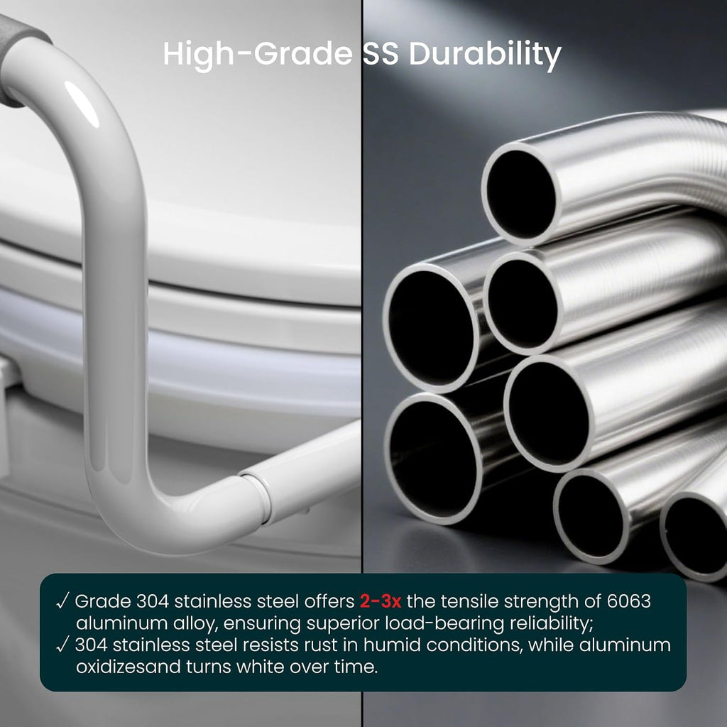 R&T 2' Toilet Seat Riser with Handles – Comfortable Raised Toilet Seat for Seniors, Fits for Elongated Toilets, Elevated Seat with Soft Grey Padded Arms for Bathroom