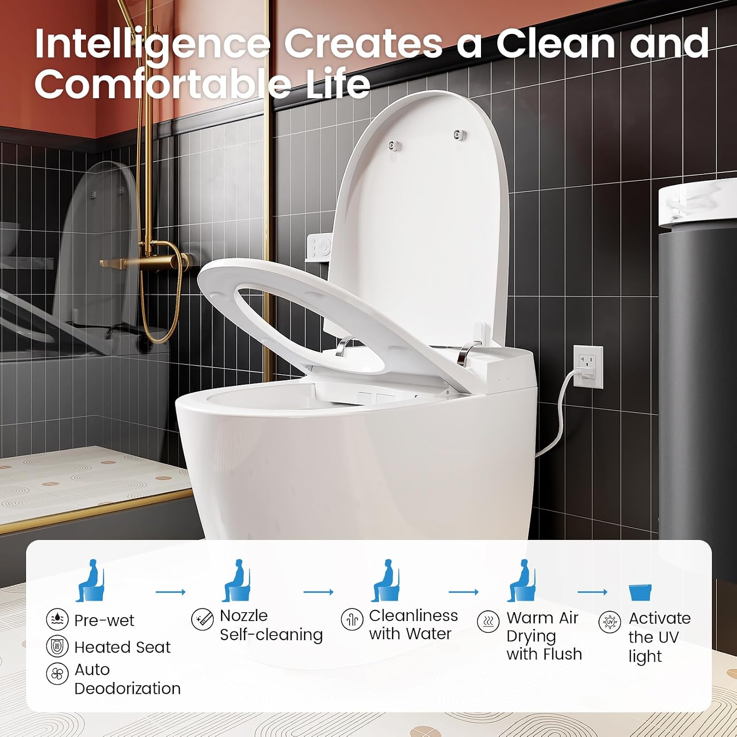 Smart Toilet with Built-in Bidet, One-Piece Bidet Toilet for Bathrooms, YA60 Bidet Toilet with Auto Flush, Kick Flush, Heated Seat, Warm Water and Dryer, Night Light, and Blackout Flush