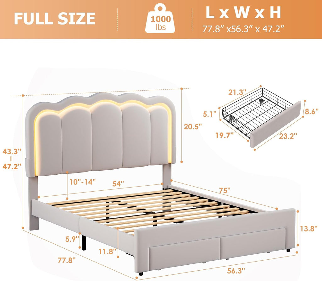 Velvet Upholstered Full LED Bed Frame with 2 Storage Drawers and Adjustable Chic Double Wavy Headboard, Princess Platform Bed with Charing Station, Solid Wood Slats Support,No Box Spring Needed,Grey