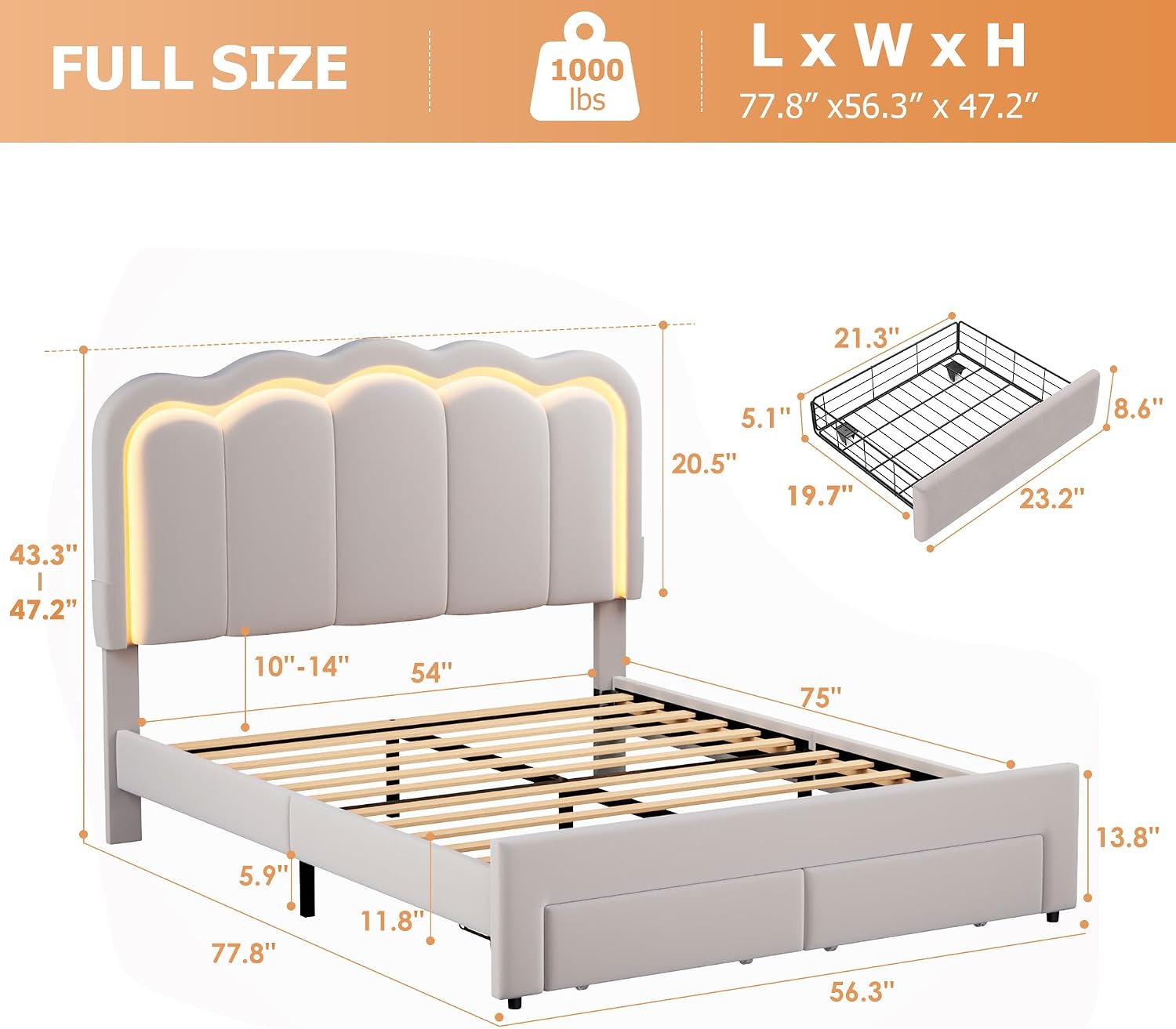 Velvet Upholstered Full LED Bed Frame with 2 Storage Drawers and Adjustable Chic Double Wavy Headboard, Princess Platform Bed with Charing Station, Solid Wood Slats Support,No Box Spring Needed,Grey