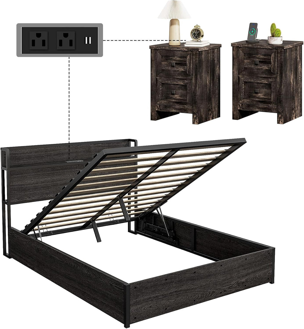LUXOAK 3 Pieces Bedroom Sets, Includes Queen Size Lift Up Storage Bed with Storage Headboard & Charging Station, 2 Drawers Farmhouse Nightstand Set of 2 with Charging Station, Black