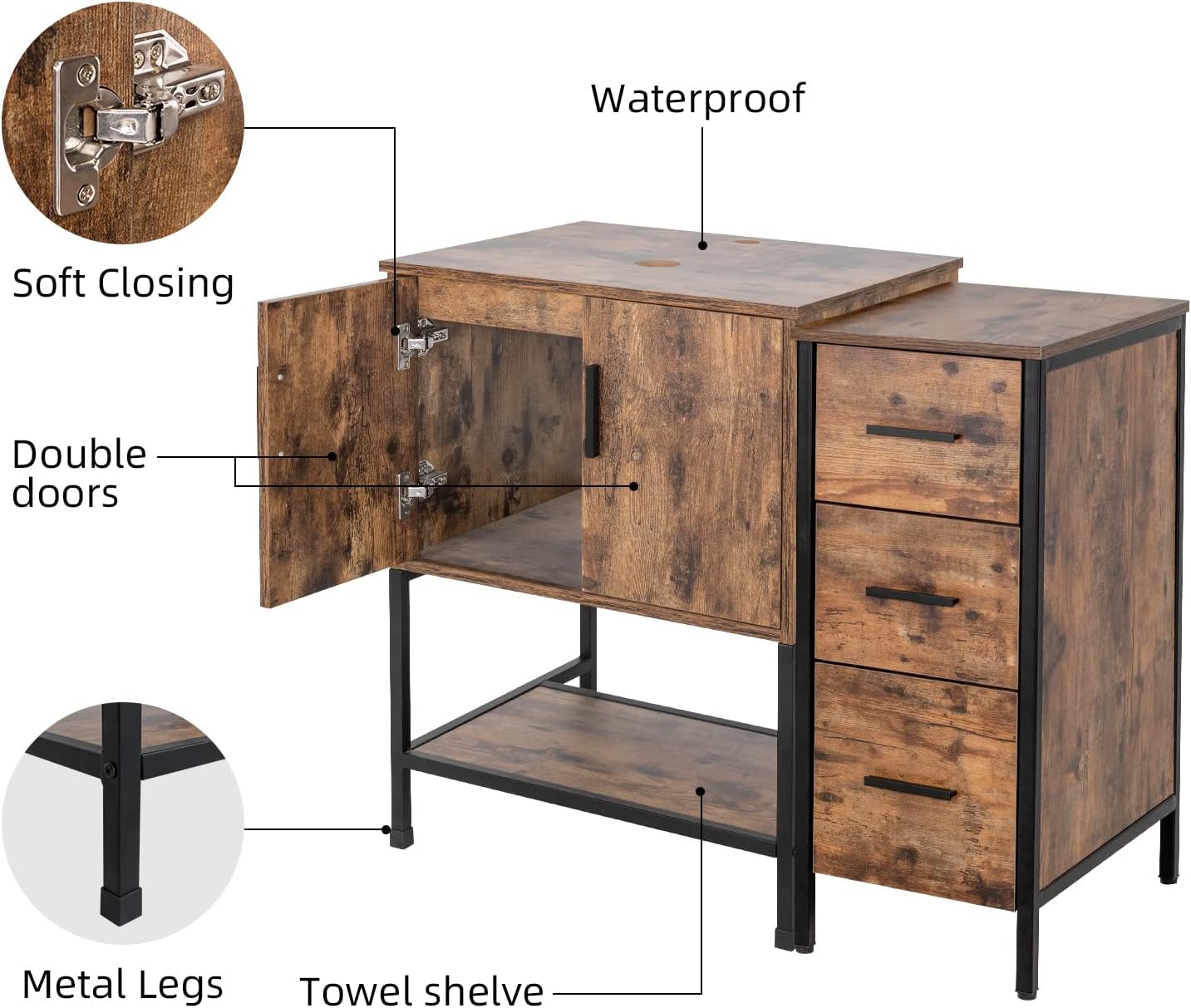 UEV 36' Antique Bathroom Vanity, Dark Brown Bathroom Vanity Set with Sink and 3 Drawers Side Cabinet Combo, Iron Wood Bathroom Cabinet with Adjustable Water Temperature Faucet (A16)