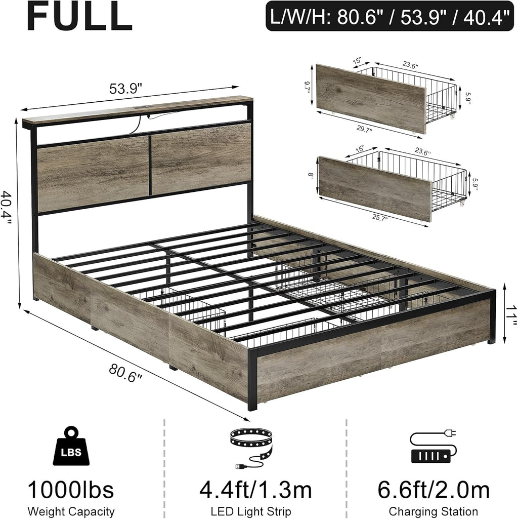 HAUSOURCE Full Bed Frame with 4 Storage Drawers Metal Platform Bed Frame Full Size with Headboard Charging Station LED Lights Non-Slip Without Noise No Box Spring Needed