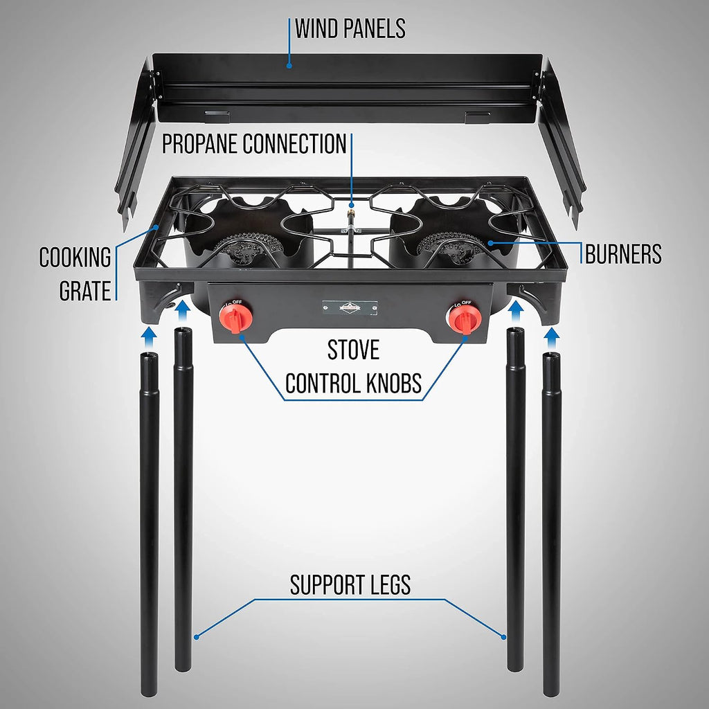 Hike Crew Cast Iron Double-Burner Outdoor Gas Stove | 150,000 BTU Portable Propane Cooktop w/Blue Flame Control, Removable Legs, Temperature Control Knobs, Wind Panel, Hose, Regulator & Storage Case
