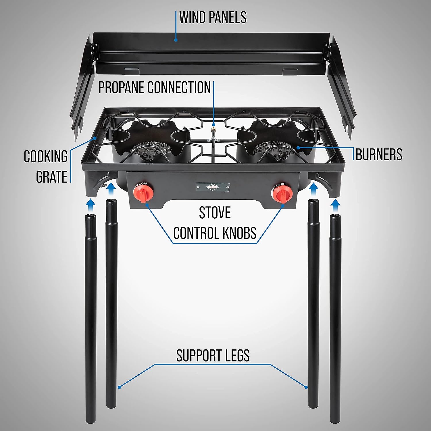 Hike Crew Cast Iron Double-Burner Outdoor Gas Stove | 150,000 BTU Portable Propane Cooktop w/Blue Flame Control, Removable Legs, Temperature Control Knobs, Wind Panel, Hose, Regulator & Storage Case