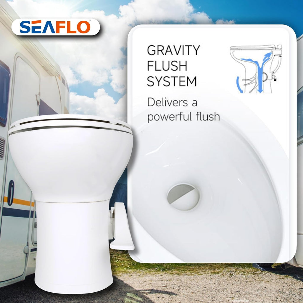 SEAFLO Porcelain RV Toilet with Sprayer Attachment - Elongated Bowl 19' Inch Residential Height, Gravity Flush, Foot Pedal Soft Close Seat Camper Motorhome Easy Install 4 -year Warranty SFRTCH-02-02