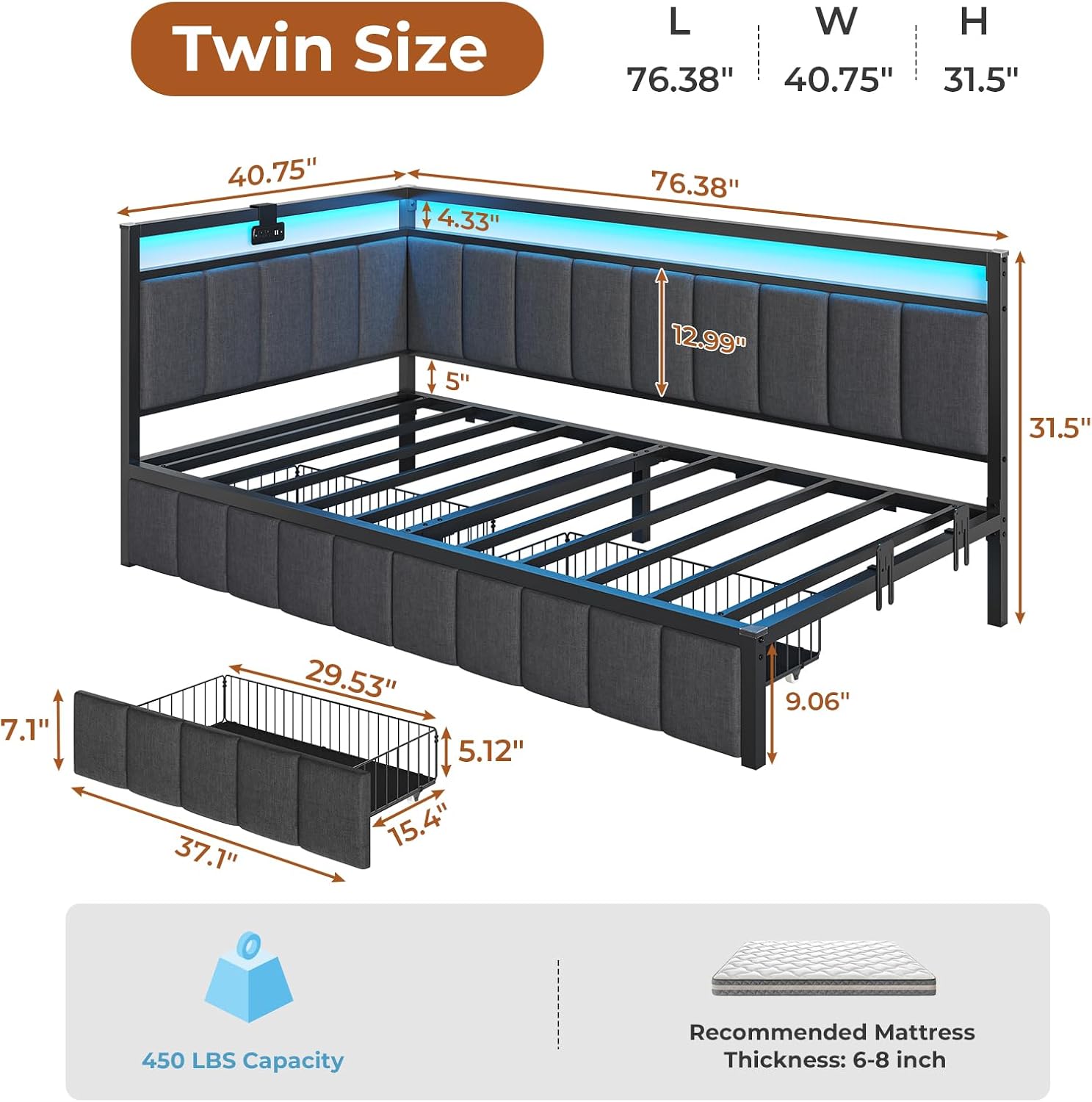 DICTAC Twin Corner Bed Frame with 2 Storage Drawers and Charging Station Twin Bed Frames with Storage and Led Lights Twin Size Daybed for Kids Teen with Upholstered Guardrail,No Box Spring Needed,Gray