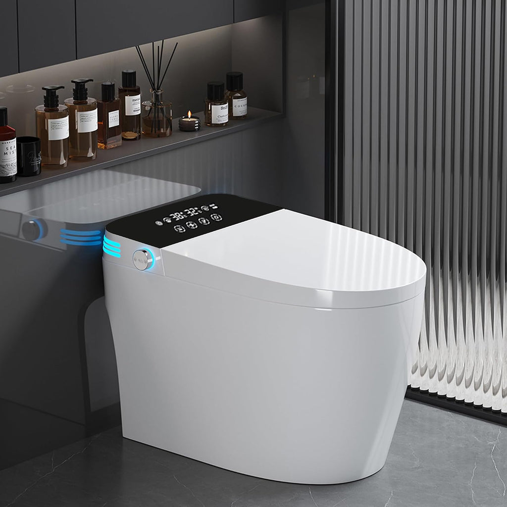 Smart Toilet with Built in Bidet, One Piece Bidet Toilet with Heated Seat, Warm Sprayer & Drying, Water Tank with Auxiliary Pump, Foam Sheild Deodorization, Voice Control, Black