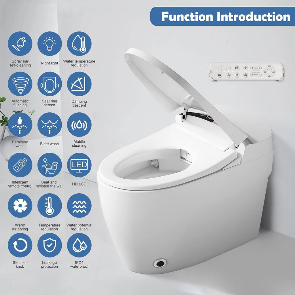 Smart Toilet with Bidet Built In, Heated Seat, Auto Open/Close & Dual Auto Flush, Tankless Elongated Bidet Toilet with Warm Water Wash, Air Dryer, Foot Sensor, LED Display & Backup Flush