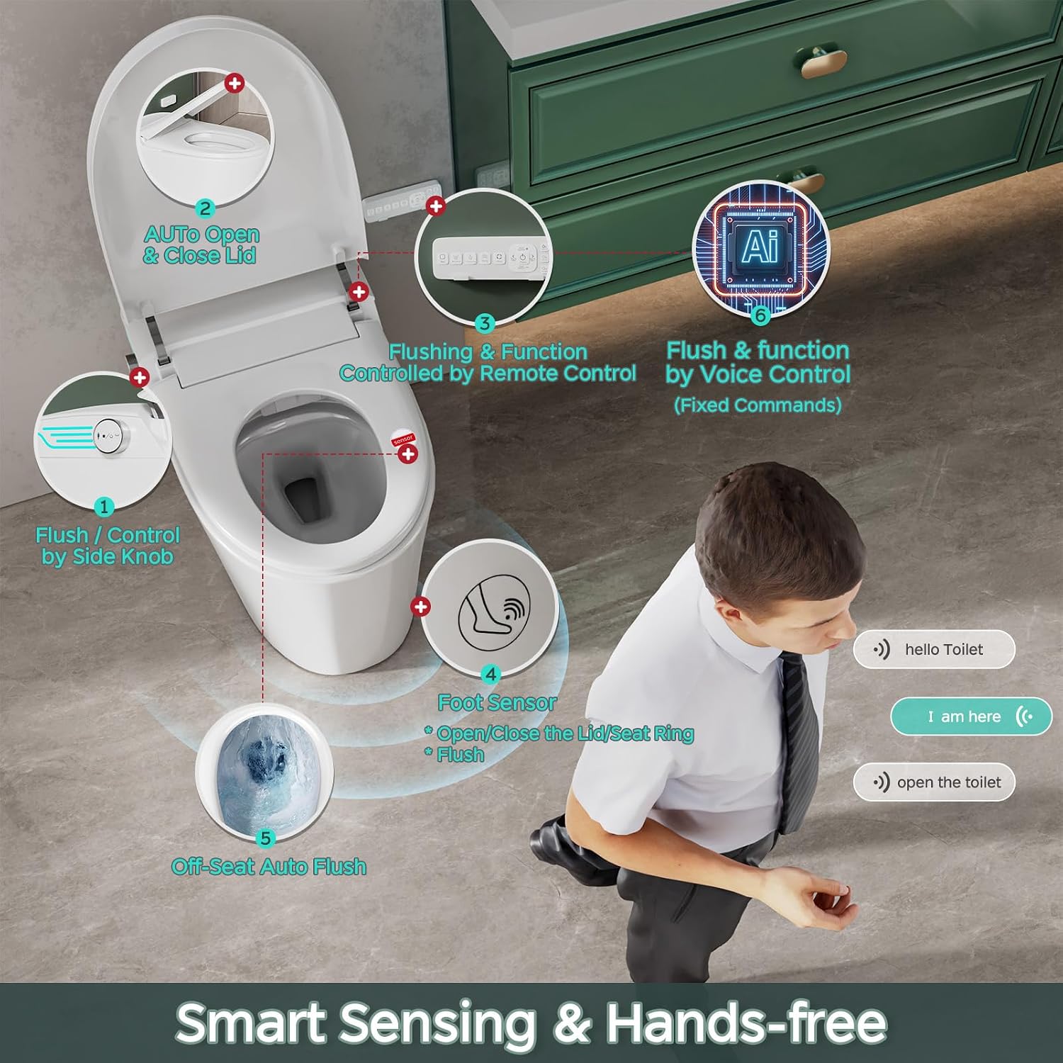 Smart Toilet with Bidet Built In ADA Height 17.7', 1.28GPF Power Flush, One Piece Bidet Toilet Design with Heated Seat, Voice Control, Remote Control, Foam Shield, Tankless Modern Toilet BSJ