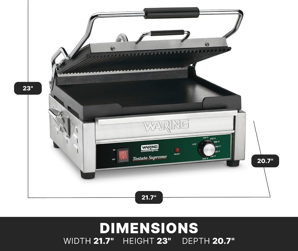 Waring Commercial Panini Press, Ribbed & Flat Cast Iron Plates, 14.5' x 11' Cooking Surface, 570°F Adjustable Thermostat, for Sandwiches up to 3' Thick, Professional Kitchen Grill, 120V, WDG250