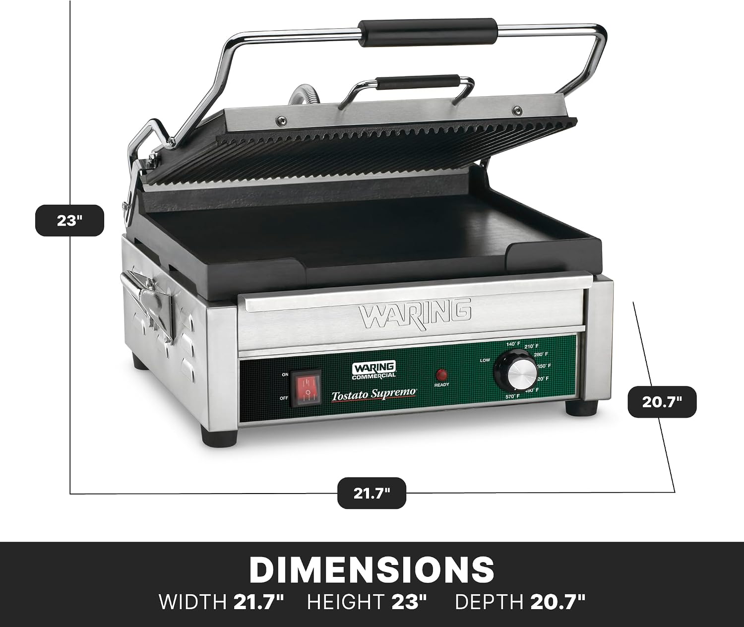 Waring Commercial Panini Press, Ribbed & Flat Cast Iron Plates, 14.5' x 11' Cooking Surface, 570°F Adjustable Thermostat, for Sandwiches up to 3' Thick, Professional Kitchen Grill, 120V, WDG250