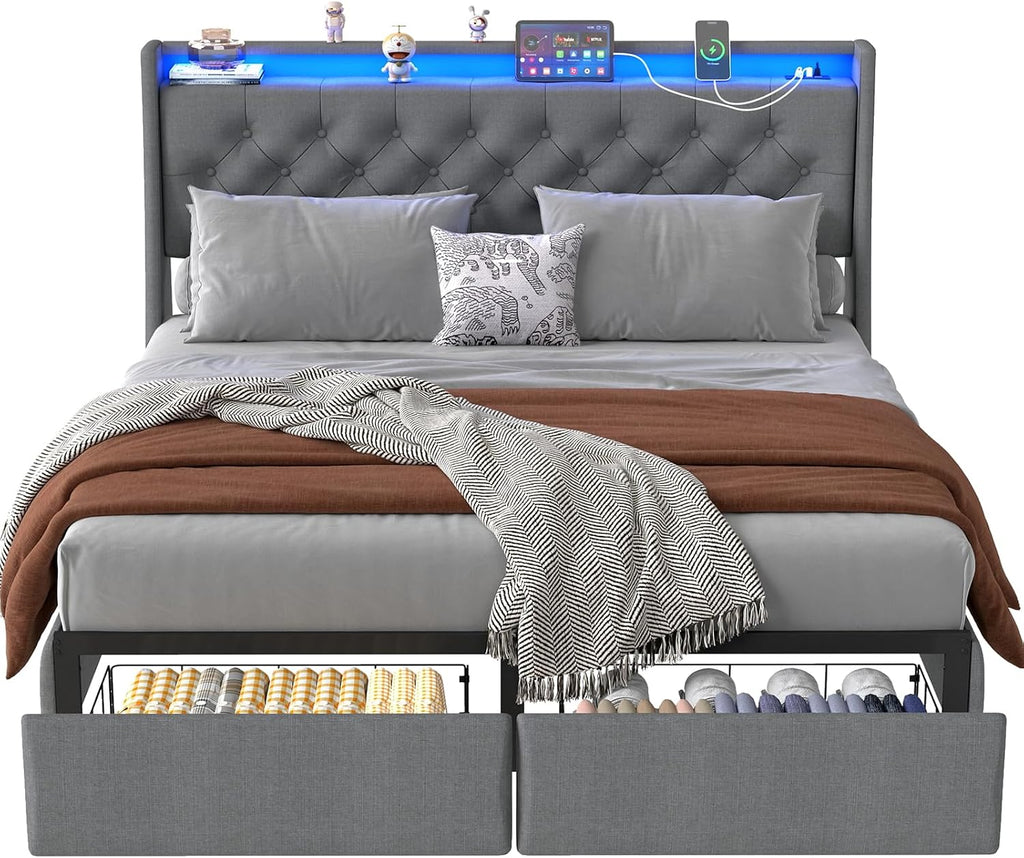 Doltoro Full Size Bed Frame with Headboard and 2 Storage Drawers, Upholstered Wingback Full Size Platform Bed Frame with Charging Station & LED, Noise Free, No Box Spring Needed, Easy Assembly, Gray