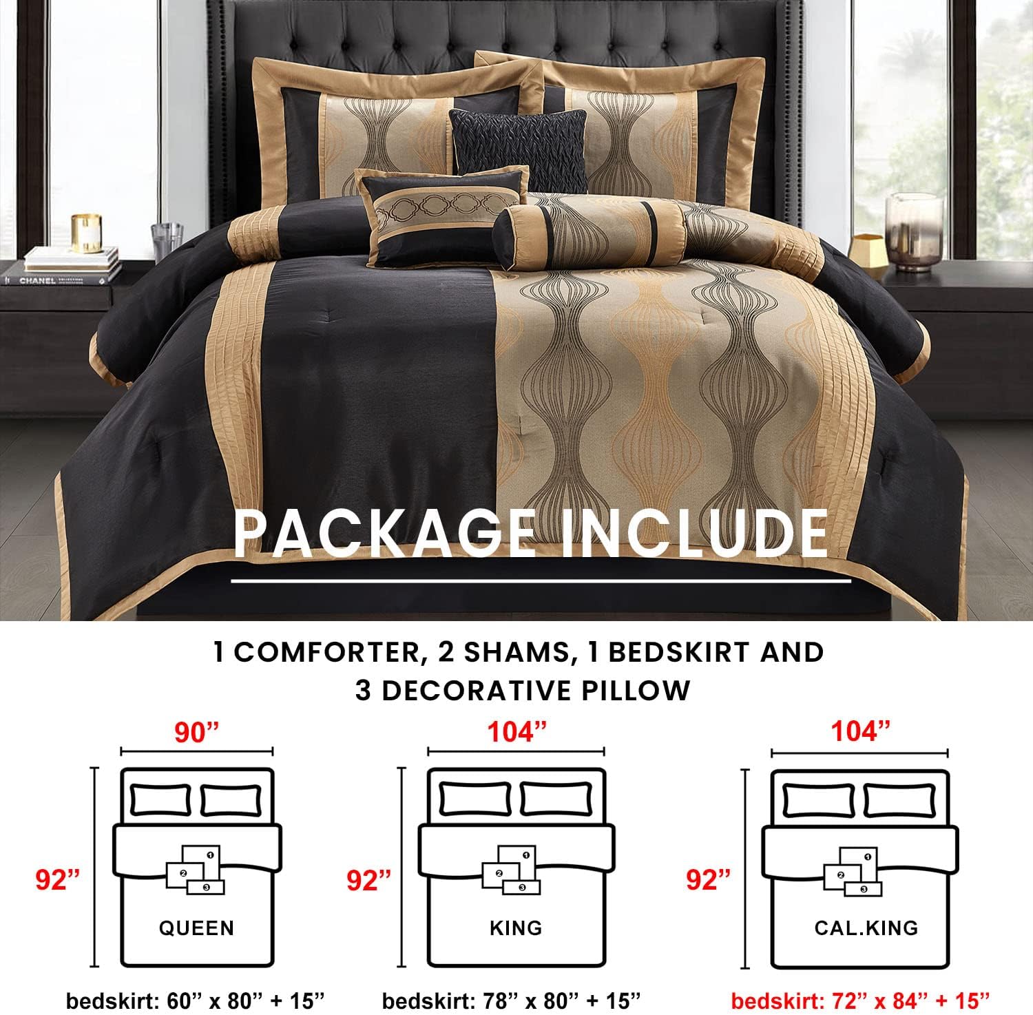 Grand Avenue Elegant Black and Gold Comforter Set, Striped, 7 Pieces Jacquard Bedding Sets with Comforter, Bed Skirt, Pillows & Shams, California King Size All Season, Lightweight Microfiber