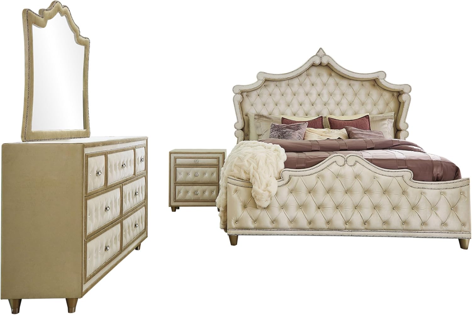Coaster Home Furnishings Antonella Modern Classic 4-Piece Bedroom Set Velvet Upholstered Eastern King Size Panel Bed Frame 79-inch Headboard Ivory and Camel 223521KE-S4