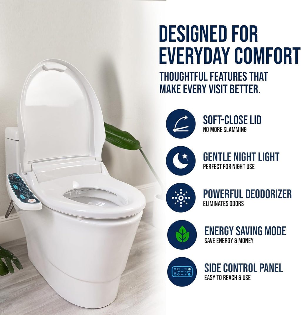 BidetMate Electric Bidet Toilet Seat 2000 Series, Unlimited Heated Water, Side Controls, Deodorizer, Warm Air Dryer, Self-Cleaning Nozzle, Elongated ABS Seat, Adjustable Wash Modes