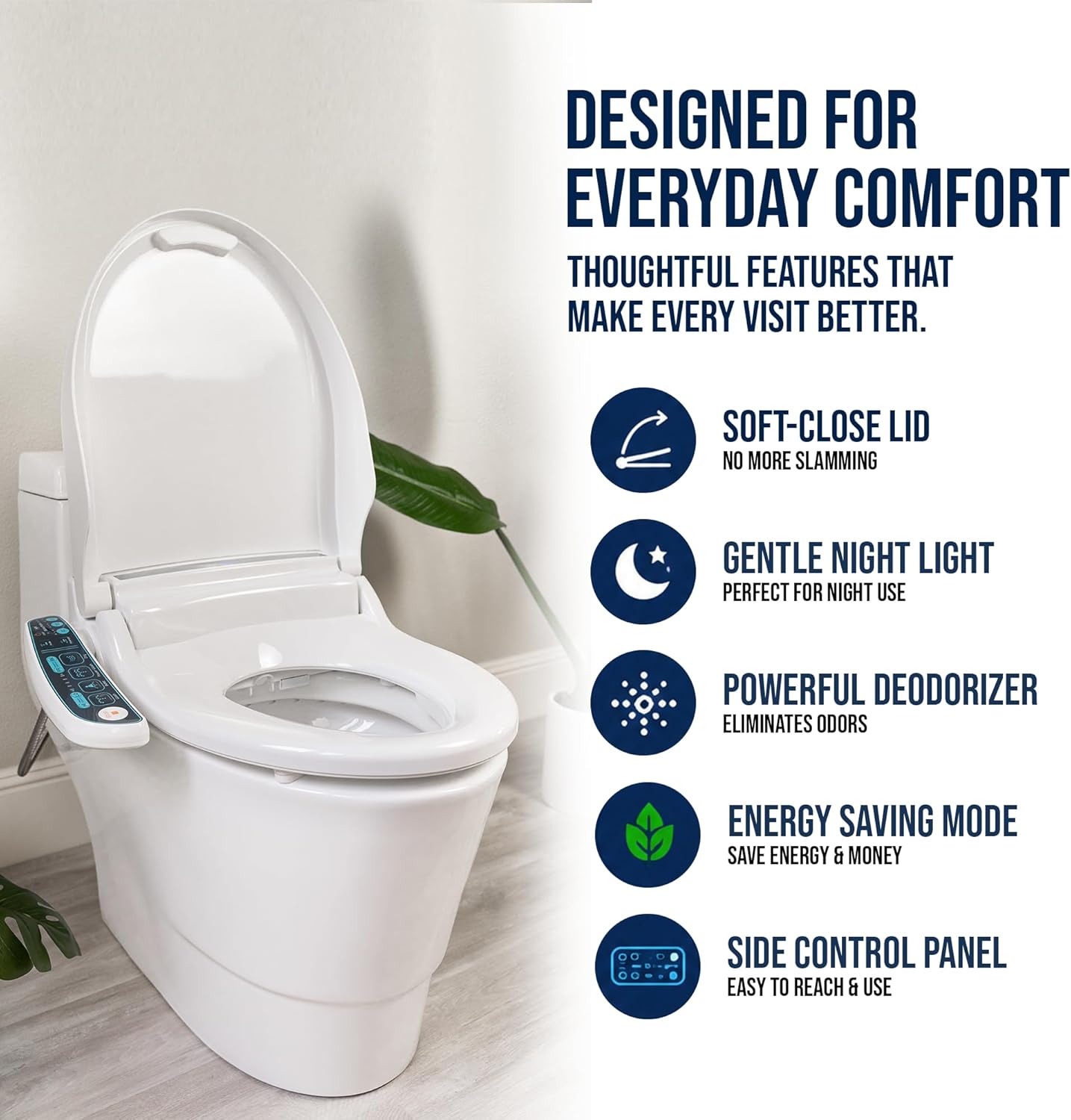 BidetMate Electric Bidet Toilet Seat 2000 Series, Unlimited Heated Water, Side Controls, Deodorizer, Warm Air Dryer, Self-Cleaning Nozzle, Elongated ABS Seat, Adjustable Wash Modes