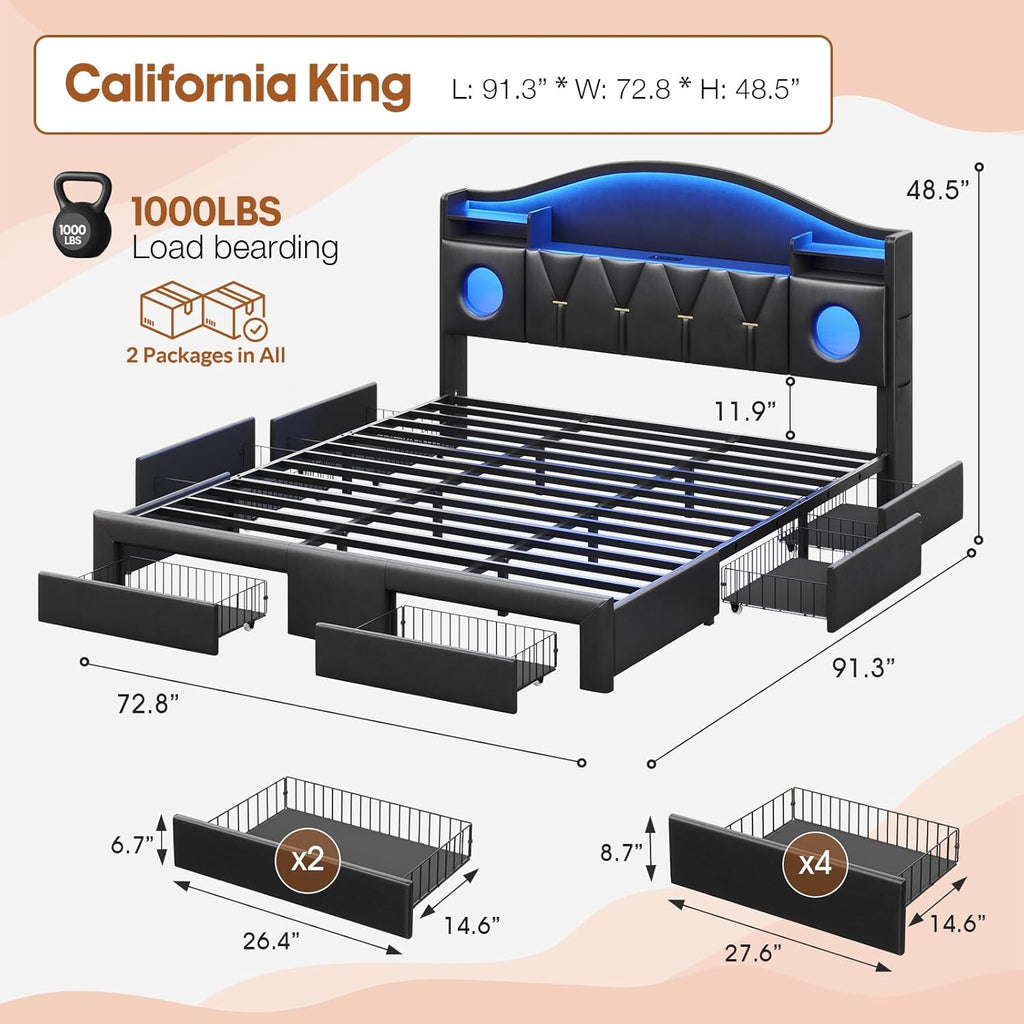 busyaeh California King Bed Frames,Cal King Bed Frame,California King Bed Frame with 6 Storage Drawers & LED Lights & Charging Station and Leather Upholstered headboard,No Box Spring Needed, PU Black