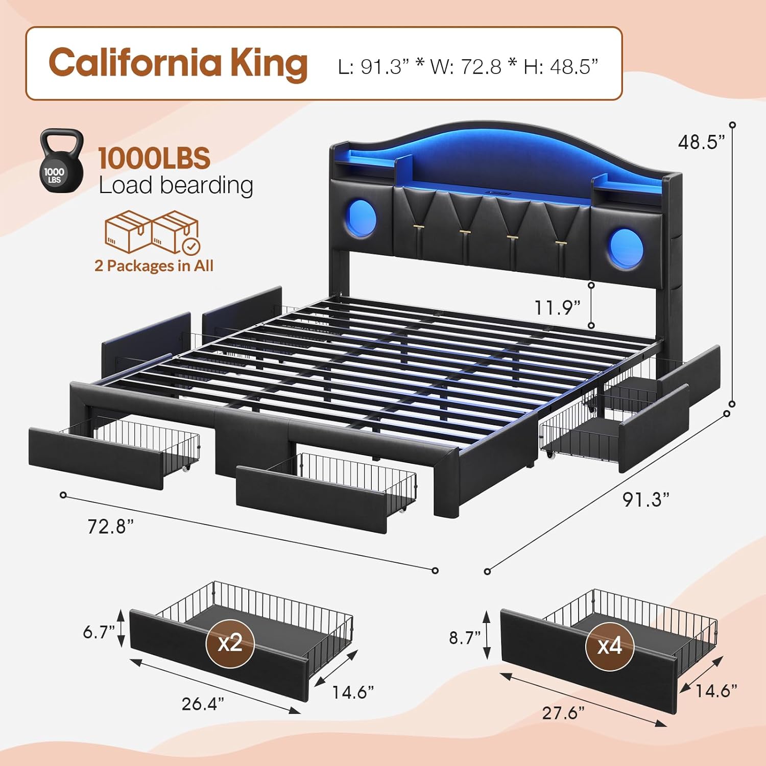 busyaeh California King Bed Frames,Cal King Bed Frame,California King Bed Frame with 6 Storage Drawers & LED Lights & Charging Station and Leather Upholstered headboard,No Box Spring Needed, PU Black