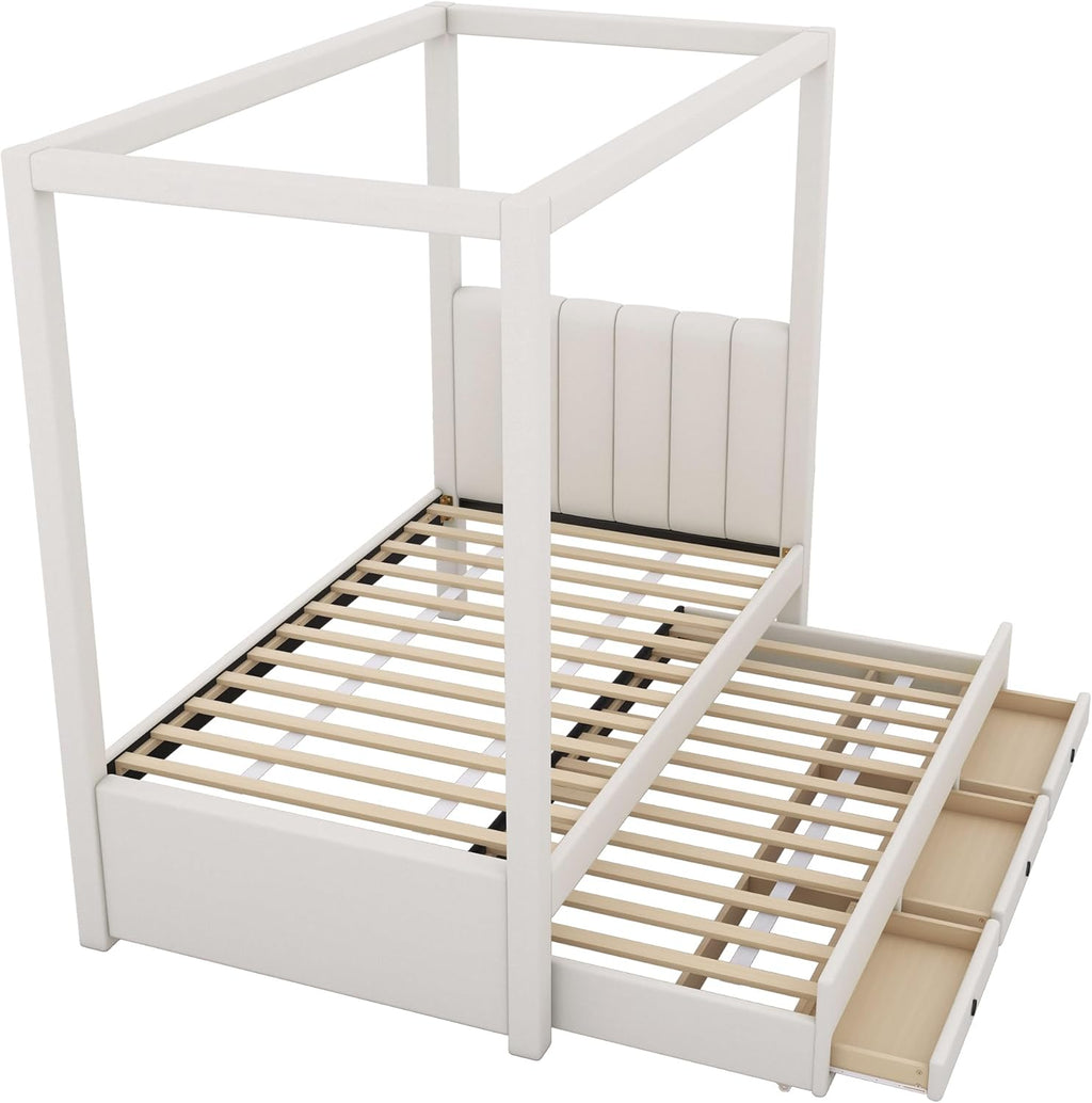 Twin Size Linen Upholstered Canopy Bed with Trundle and 3 Storage Drawers for Bedroom, Guest Room (Twin)