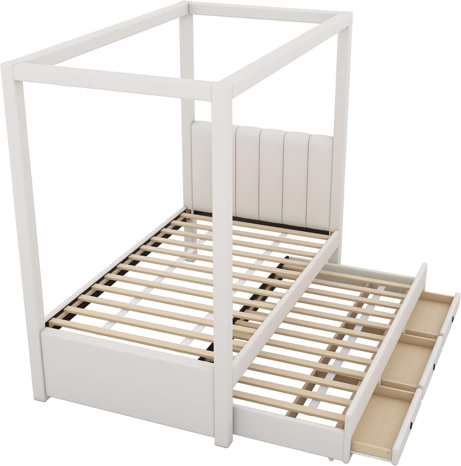 Twin Size Linen Upholstered Canopy Bed with Trundle and 3 Storage Drawers for Bedroom, Guest Room (Twin)