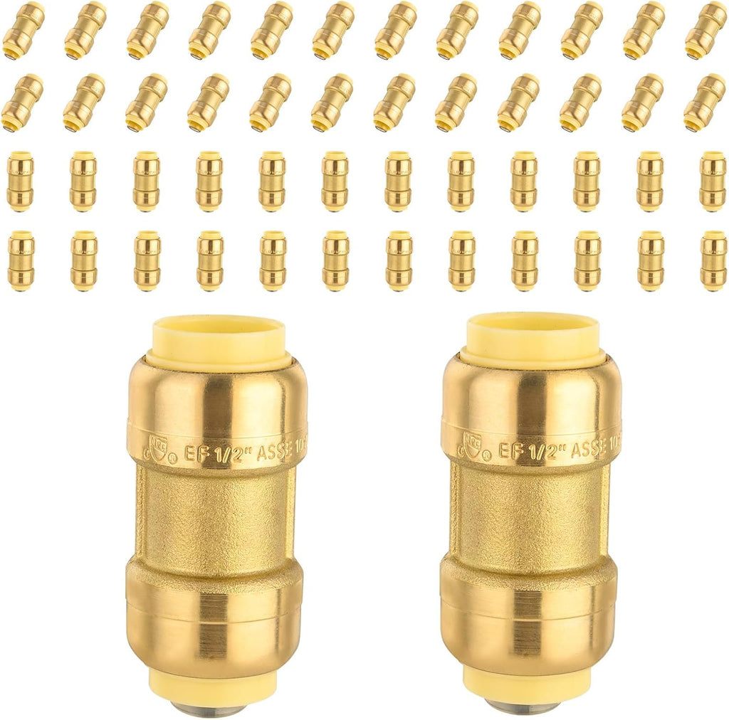 (Pack of 50) Foskan Push Fit Fittings, 1 Inch x 1 Inch Brass Straight Coupling With Disconnect Clip, Push to Connect PEX, Copper, CPVC Pipes for Pipe Repairs & Projects